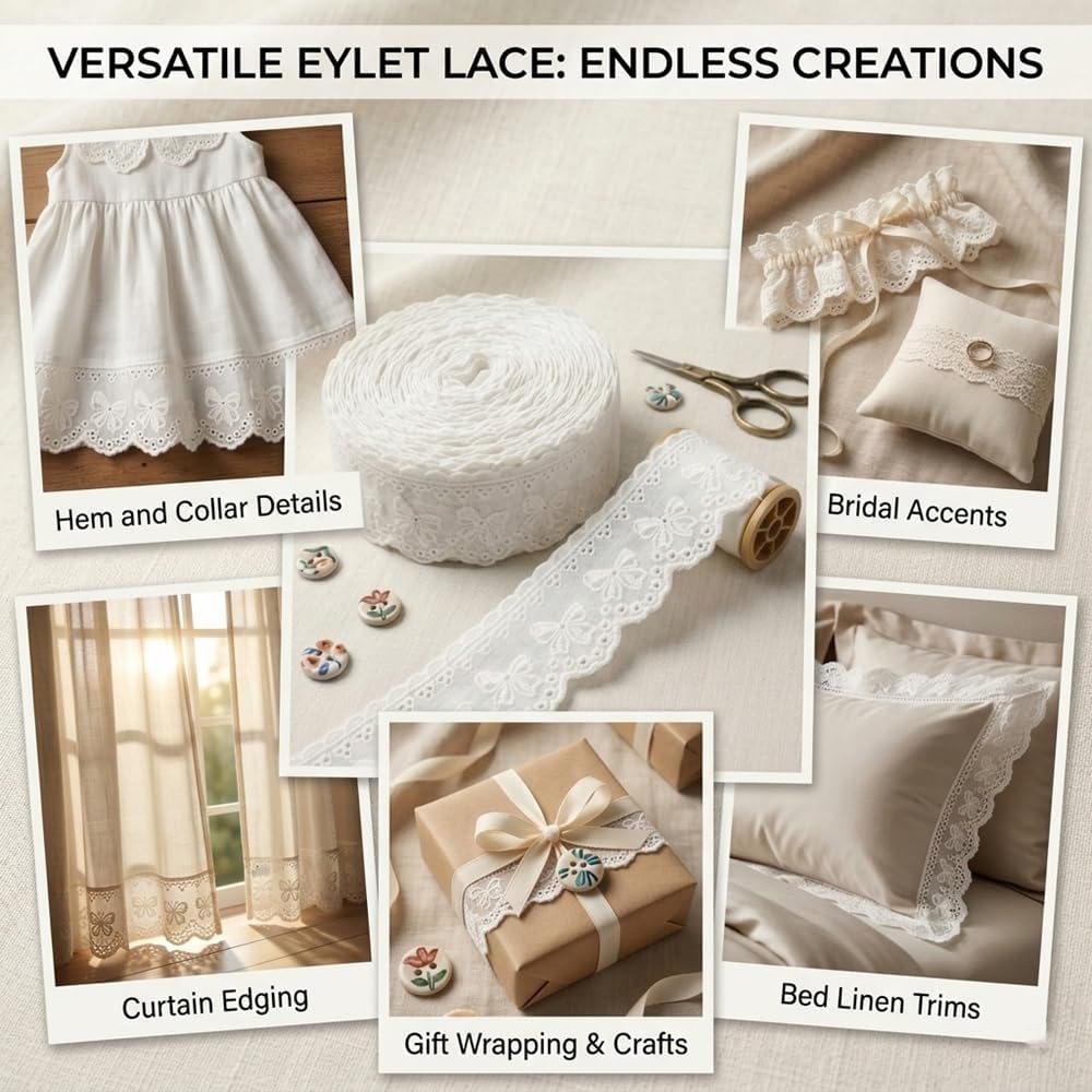IDONGCAI Cotton Eyelet Lace Trim, 1.5", 7 Yards | Floral Scalloped, Sewing Ribbon,Natural Cotton Soft Breathable Finished Edge Easy to Sew