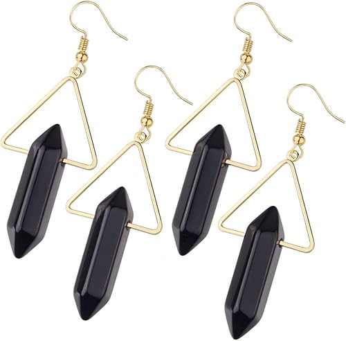 Miniatura 4 de TUMBEELLUWA Aretes colgantes de piedra de cristal curativo para mujer, aretes hexagonales de cuarzo con puntos triangulares
