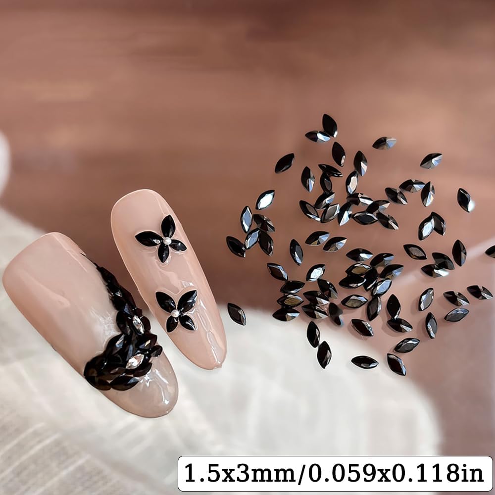 Mini Horse Eye Flatback Rhinestones for Nails Design 1.5x3mm Black Water Drop Nail Gems Zircon 3D Tiny Nail Diamonds Crystals for DIY Flower French Tip Manicure Decorations Supplies Nails Accessories image 2