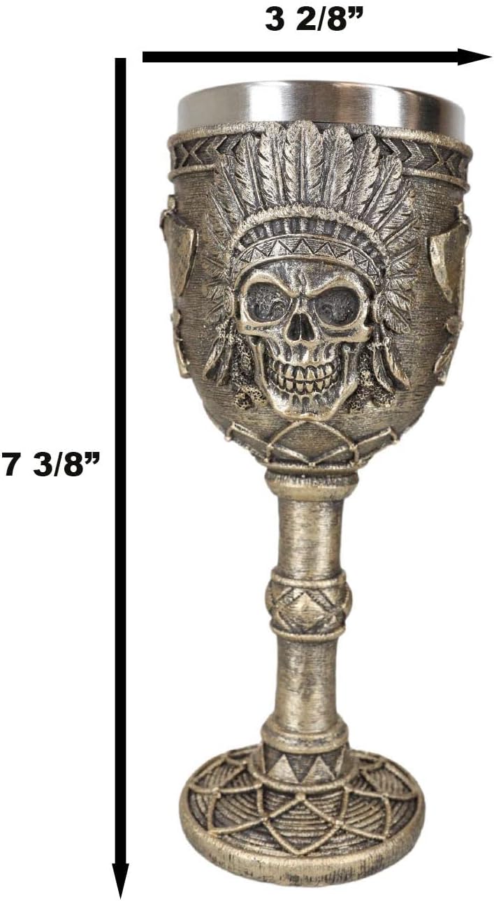 Ebros Gift Native American Indian Tribal Chief Skull With Roach Headdress And Crossed Double Axes Wine Goblet Glass Chalice Drinkware Ossuary Macabre Accent In Faux Bronze Finish
