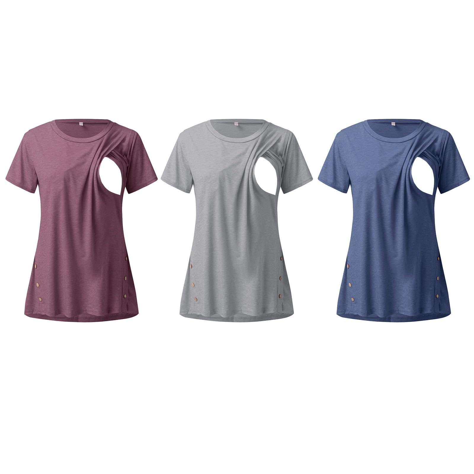 Camisetas de Maternidad y Lactancia para Mujer, Paquete de 3, con Botón Lateral, Manga Corta y Cuello Redondo, de Color Sólido, Algodón Suave y Elástico, Ideales para Uso Diario y Postparto