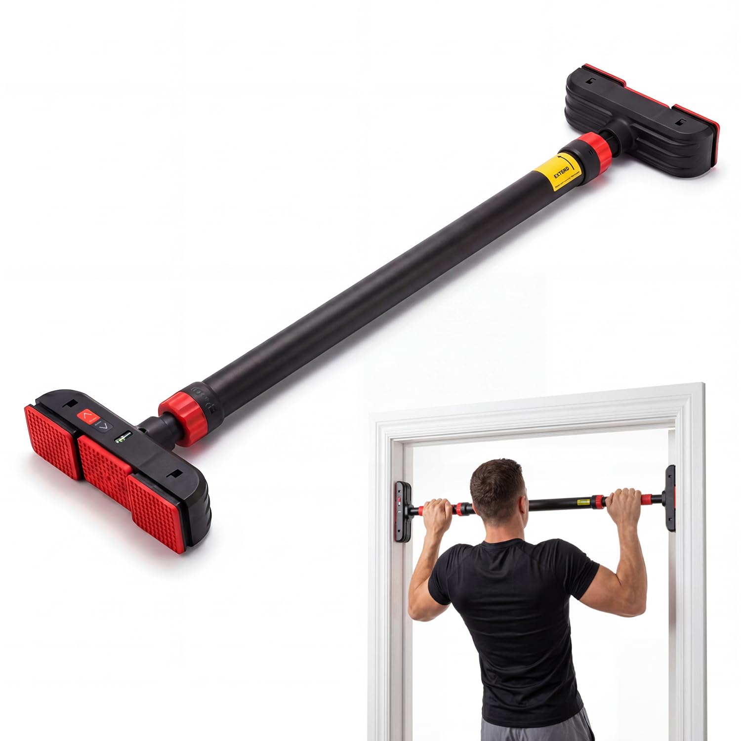 Boldfit Pull Up Bar with Grip For Home Workout -Chin Up Bar Gym Accessories for Men Door Way Adjustable Hanging Rod Without Screw, Anti-skid Grip, Strength Training Exercise Bar- Titan, Black Red