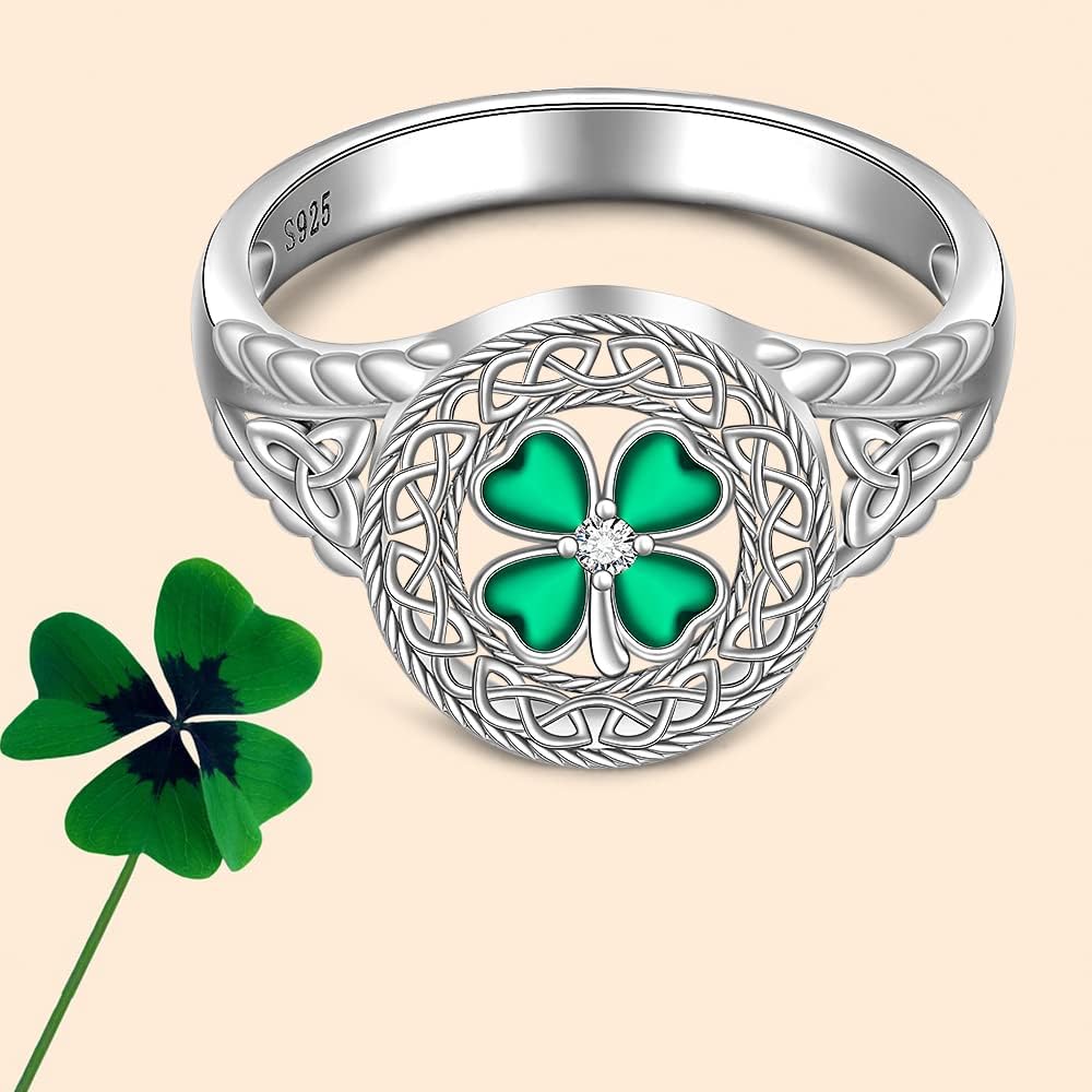 Shamrock Ring St Patricks Day Rings Four Leaf Clover Ring for Women Sterling Silver 925 Irish Shamrock Celtic Knot Green 4 Clover Jewelry Charm Prom Wedding Gifts Size 7 8 9 - Image 4