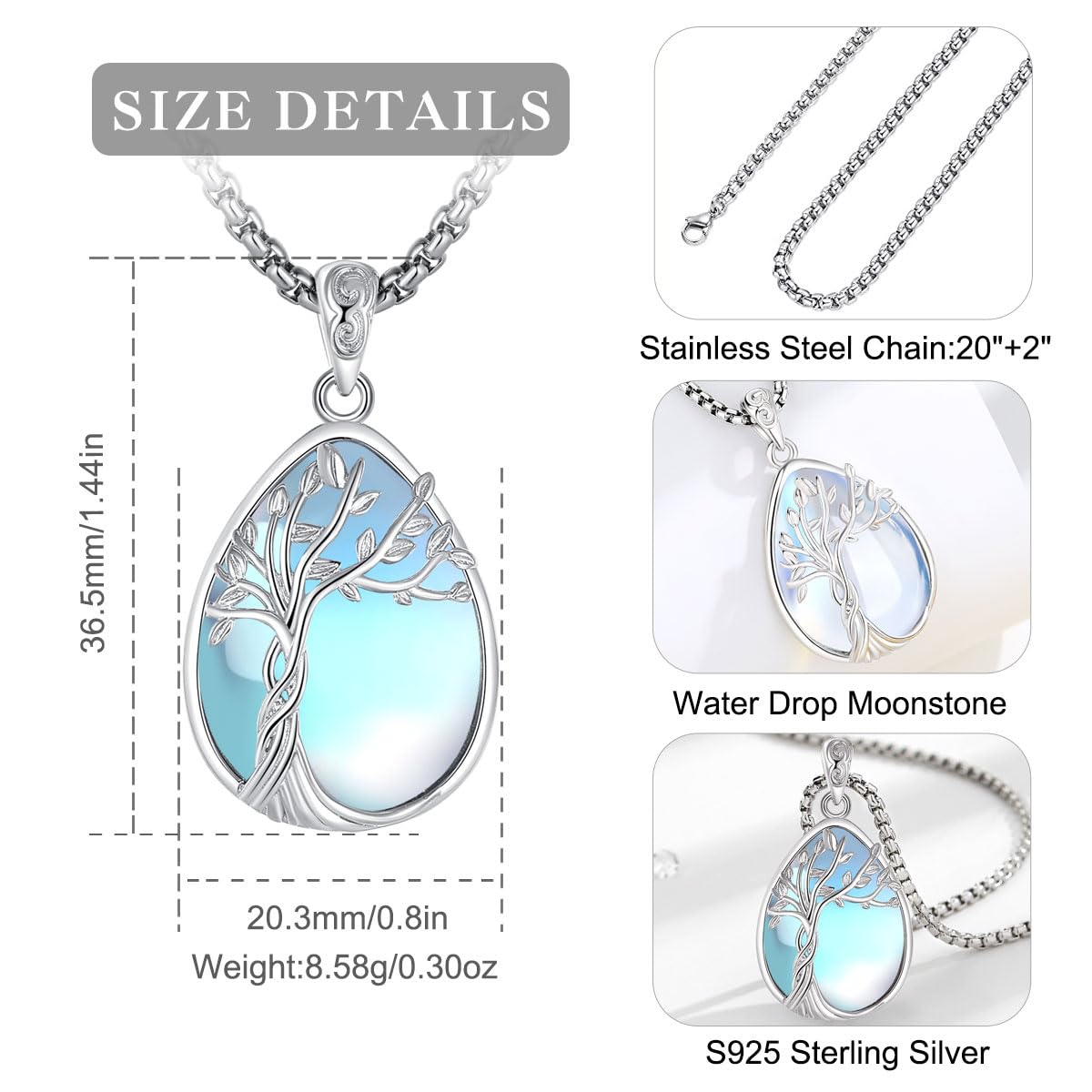 Collana con Pietra di Luna Turchese per Donne, Albero della Vita/Garofano/Farfalla Regalo di Gioielli per la Festa Della Mamma per la Mamma, 22"