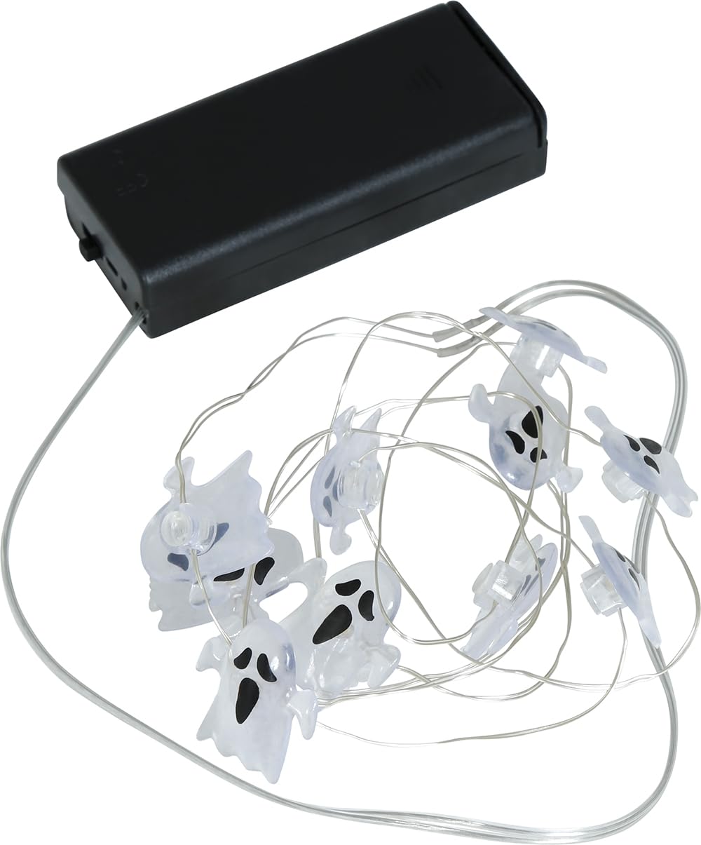 FIESTAS GUIRCA | Battery Operated Ghost LED Garland (120 cm) - Halloween and Themed Party Decoration - Ideal for Lighting and Spooky Atmospheres - White