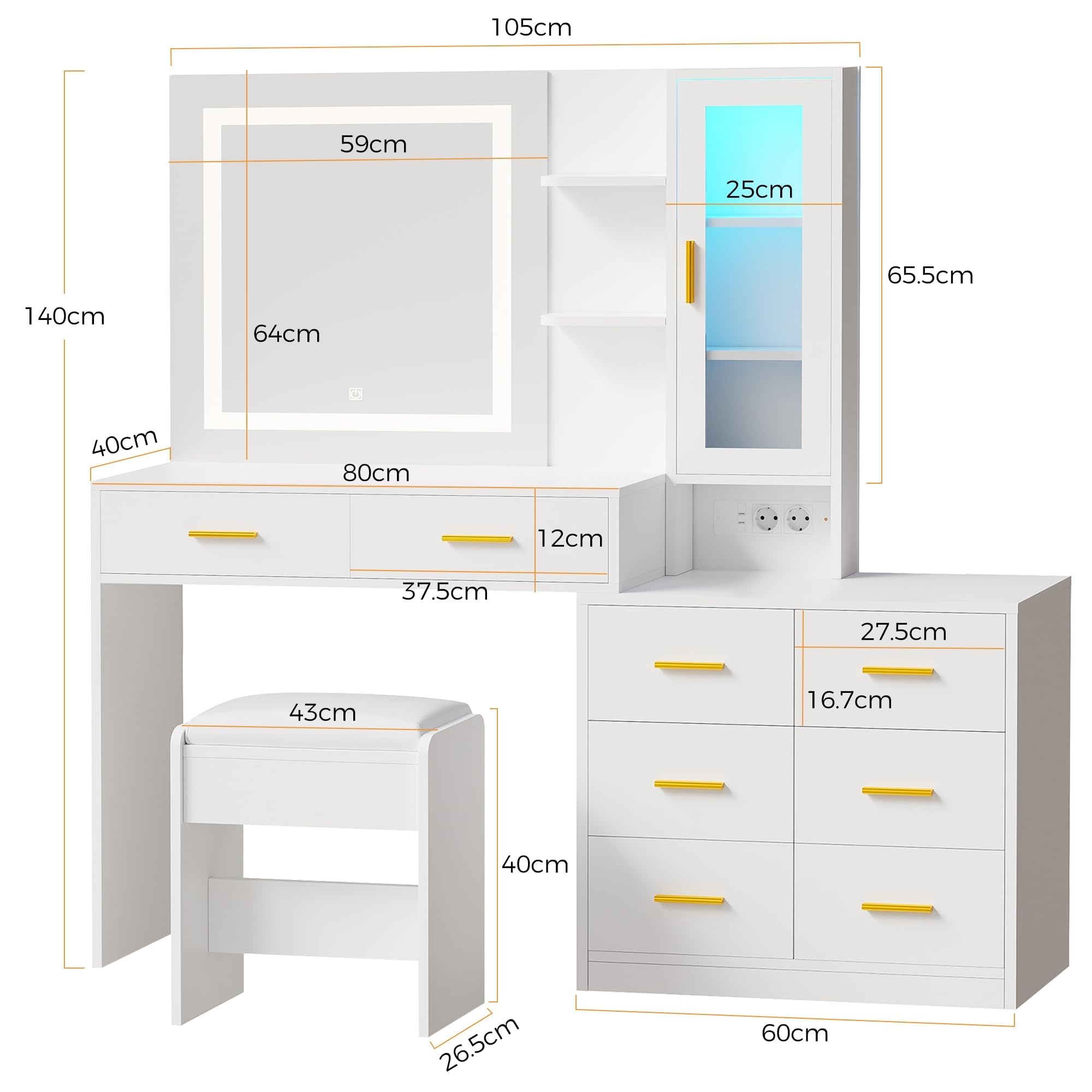 ANWBROAD Grande Coiffeuse avec Miroir et Tabouret 3 Couleurs Éclairage LED réglables et Prises 8 Tiroirs 3 Étagères Rangement Ouvertes RGB Coiffeuse Moderne Blanc 140x131x40cm BDT77W