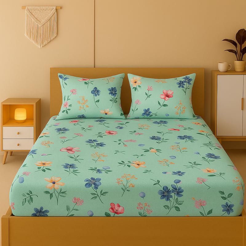 Image of NEW LEAF 320 TC Cotton All Around Elastic Fitted Printed Bedsheets King Size, Premium Fitted Bedsheets King Size for Double Bed with 2 Pillow Covers, Size- 78 inch x 72 inch Light Green