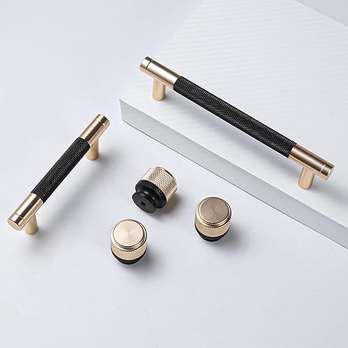 Miniatura 2 de Westablize Paquete de 2 tiradores de barra de gabinete de 5 pulgadas de 5.039 in, manijas moleteadas doradas y negras para tiradores de cajones