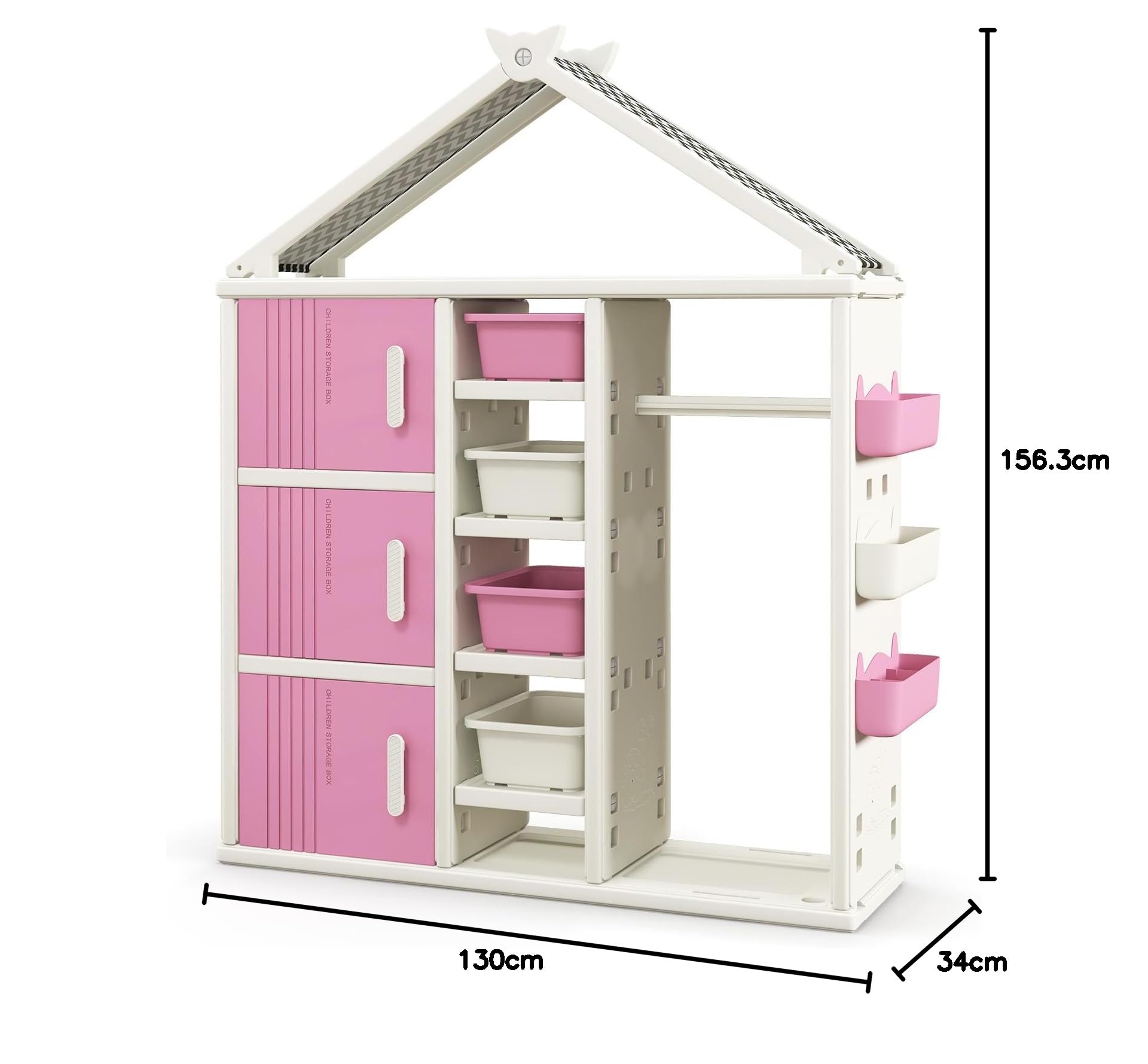 FANTASK Kinderregal in Hausform, 130 x 34 x 156 cm, Kindergarderobe mit Regalen, Seitenkörben & 4 Aufbewahrungsboxen, Kinder Kleiderschrank für Kinderzimmer (Rosa)