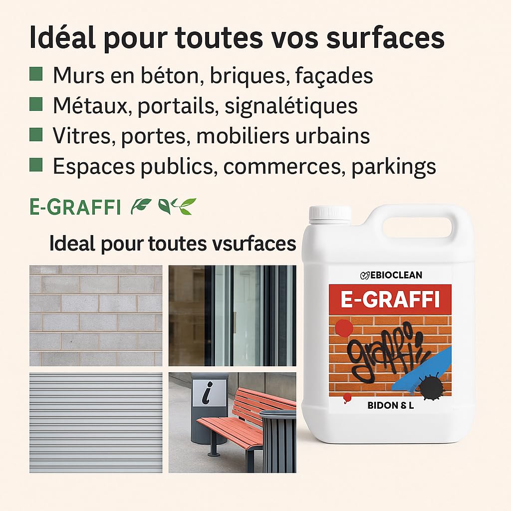E-GRAFFI – Nettoyant Anti-Graffiti Professionnel | EBIOCLEAN | Élimine Feutres, Peintures, Façade, Panneau | Prêt à l’Emploi | Nettoyage Rapide & Sécurisé Toutes Surfaces | 5L + 1 Pulvérisateur