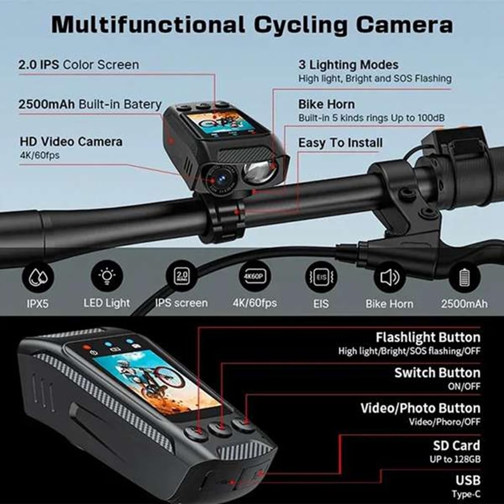 4K 60FPS Multifunktionale Fahrradkamera Regenfest 2,0 IPS Bildschirm WiFi Verbindung mit LED Taschenlampe Fahrradhupe