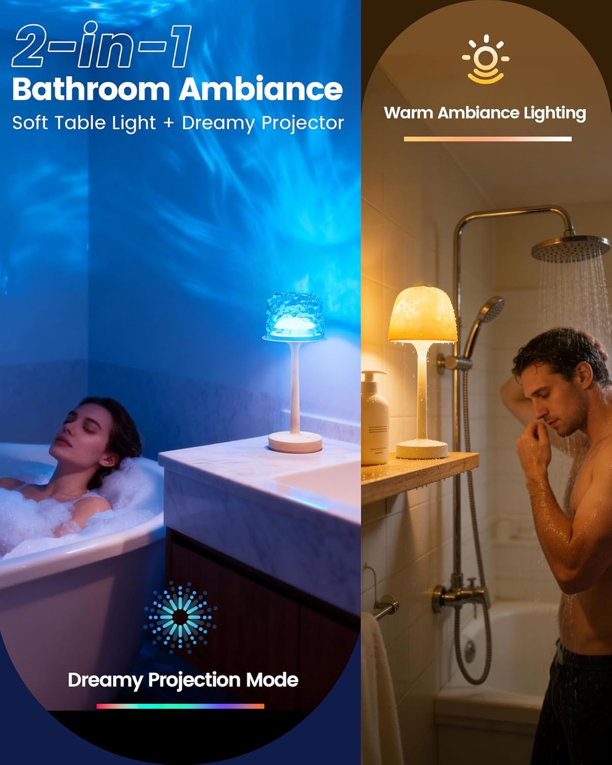 Umikk LED Duschlampe Wasserdicht, 16 Farben Dimmbar Ocean Lamp, Drahtlos Wiederaufladbare Badezimmer Lichtprojektor mit Touch & Fernbedienung für Badezimmerbeleuchtung Schmücken
