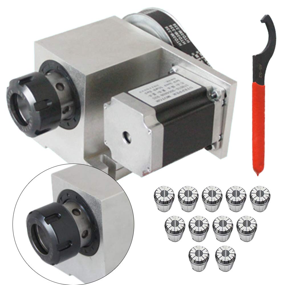 4th Axis Rotary CNC Kit, 57 Phase Stepper Motor with 11Pcs ER32 Collet, CNC Engraving Machine Router Axis Hollow Shaft 4th Axis ER32 Set for CNC Router Engraving Milling Machine(3-20mm)