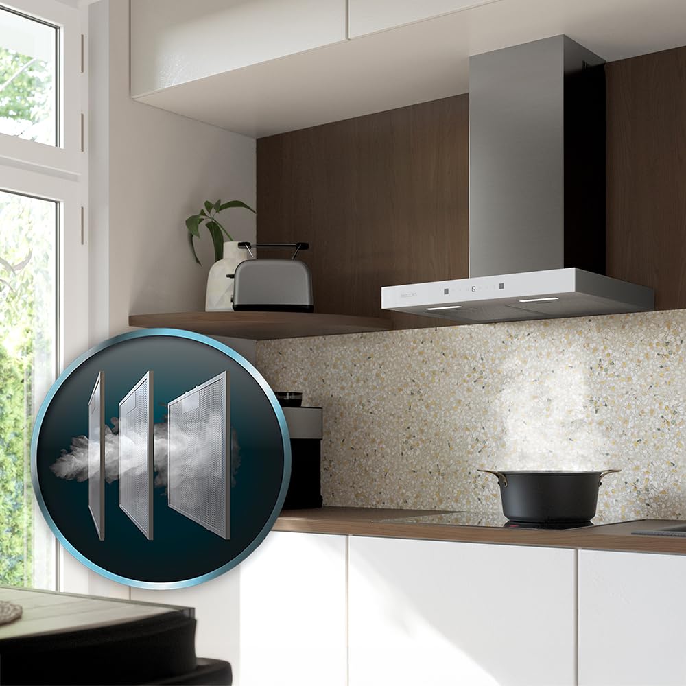 Cecotec Dunstabzugshaube 60 cm Flux TT 605500 Glas Weiß A++. 70W, Front aus weißem Glas, Niedriger Verbrauch, Absaugleistung 550m3/h, Touch-Steuerung, 3 Stufen, LED-Licht, Aktivkohlefilter