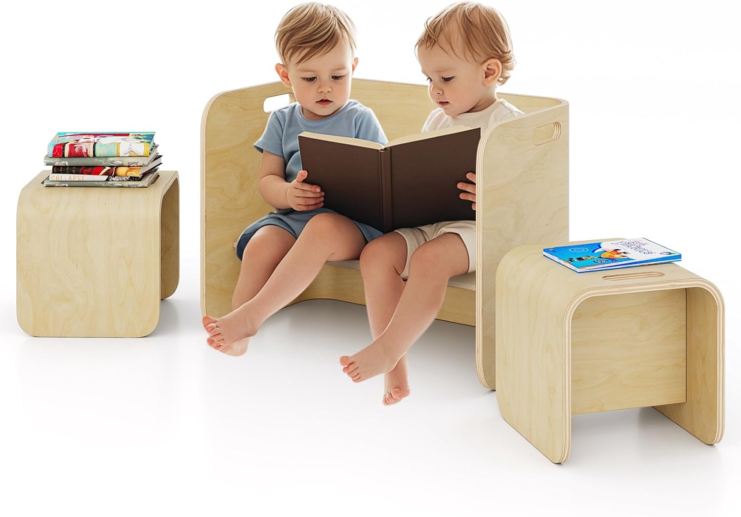 Costzon Kids Table and Chair Set, All in 1 Birch Wood Activity Table, Bench, Storage Shelves, Desk for Children Reading, Arts, Crafts, Snack Time, Fully Assembled, Toddler Table & Chair Set (Natural)