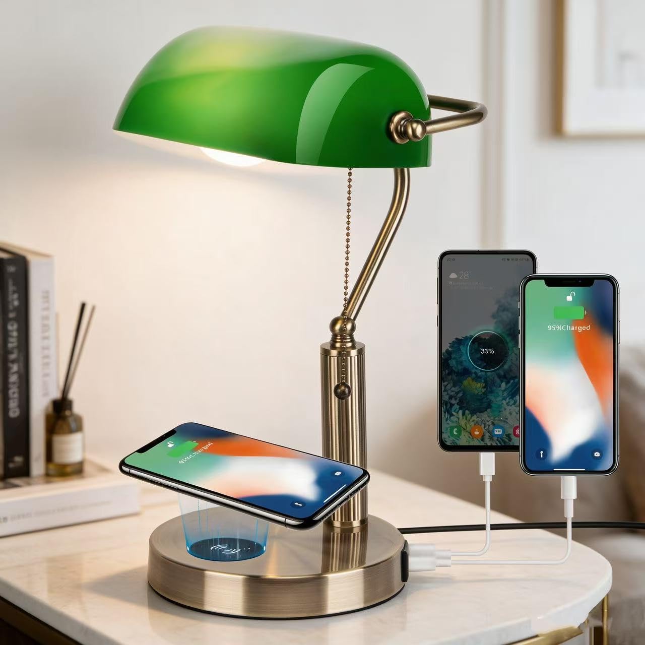 FIRVRE Bankerlampe Vintage Grünes Glas mit Wireless-Ladung | USB-Anschluss, Retro-Design, LED-Glühbirne inklusive, Kabellose Ladefunktion, Schreibtischlampe