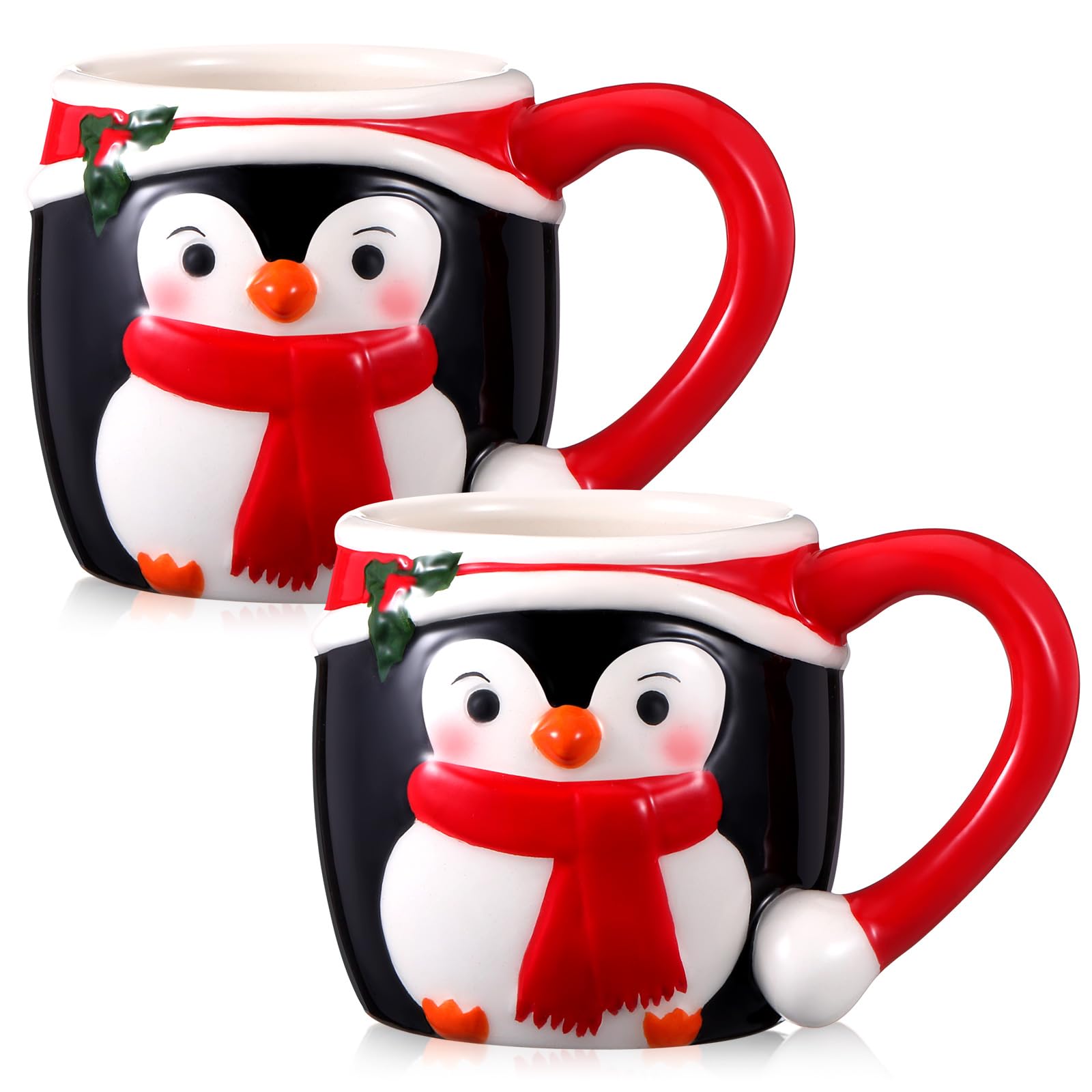 Weihnachtstassen-Set aus Keramik, Pinguin, 325 ml, rot, weiß und schwarz, Pinguin, Kaffeetasse für Weihnachten, Winterferien, Partyzubehör, 6-teilig