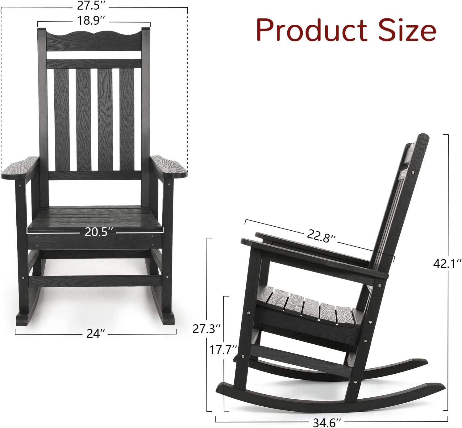 Stoog 3-Piece Oversized Rocking Chairs Set of 2 with Table, Outdoor Rocking Chair with 400 lbs Weight Capacity, All-Weather Porch Rocker for Backyard, Lawn, Patio, Garden and Indoor, Black
