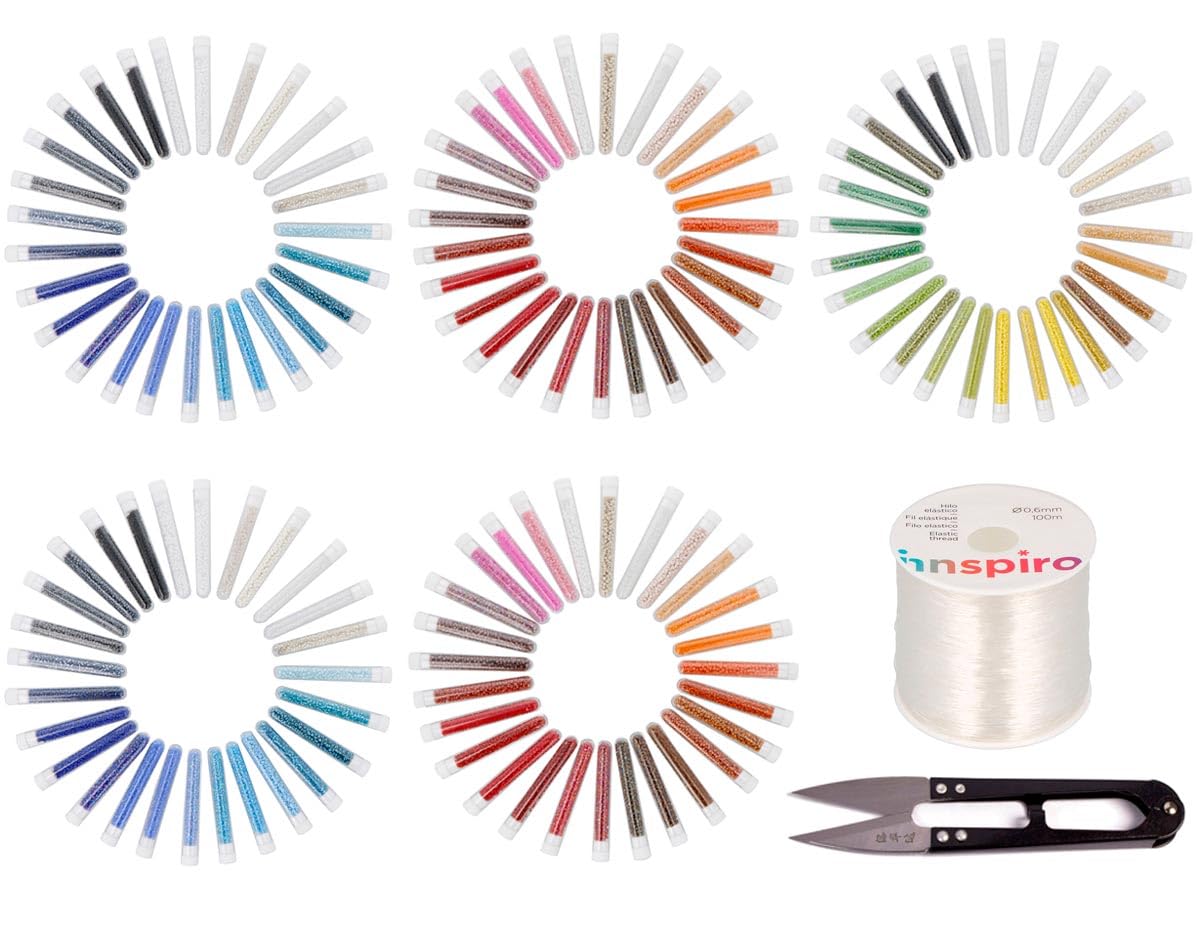 INNSPIRO Kit MAXI abalorios de vidrio redonda MIX y acabados medidas 2,3mm. y 3,8mm. 130u.mini tubos y 100m. hilo elástico y tijeras, para hacer tus propias creaciones de bisutería con abalorios