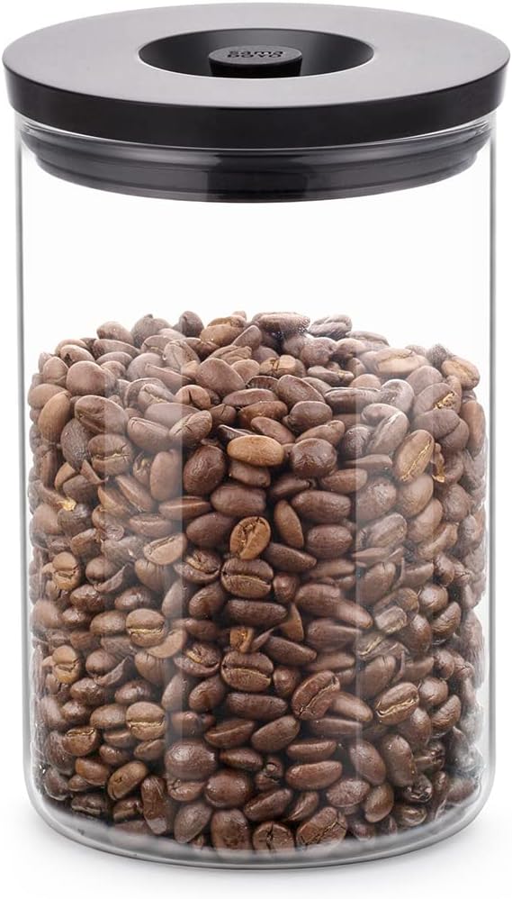 SAKI Glass Coffee Canister 34 Oz (1000 mL) Glass Container for Ground, Whole Beans - Food Grade Lid with Airtight Rubber Seal - Storage Jar with CO2 Exhaust Button for Home, Pantry, Office