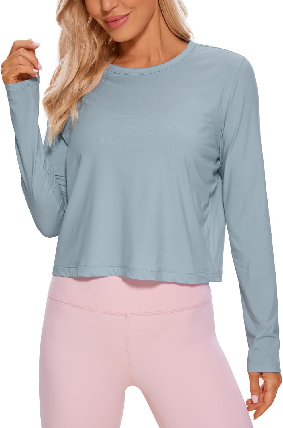 CRZ YOGA Pima Cotton Long Sleeve Workout Shirts for Women Loose Cropped Tops Athletic Sports T-Shirt