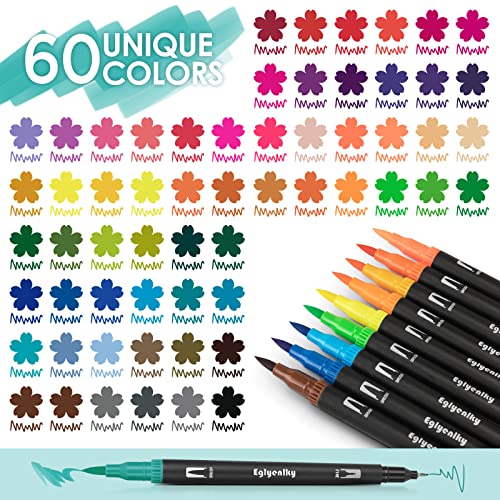 Image of Eglyenlky 60 Coloring Pens for Adult Coloring Books, Dual Tip Brush Pens, Felt Markers with Fine and Brush Watercolor Marker Set for Kid Adult Artist Drawing