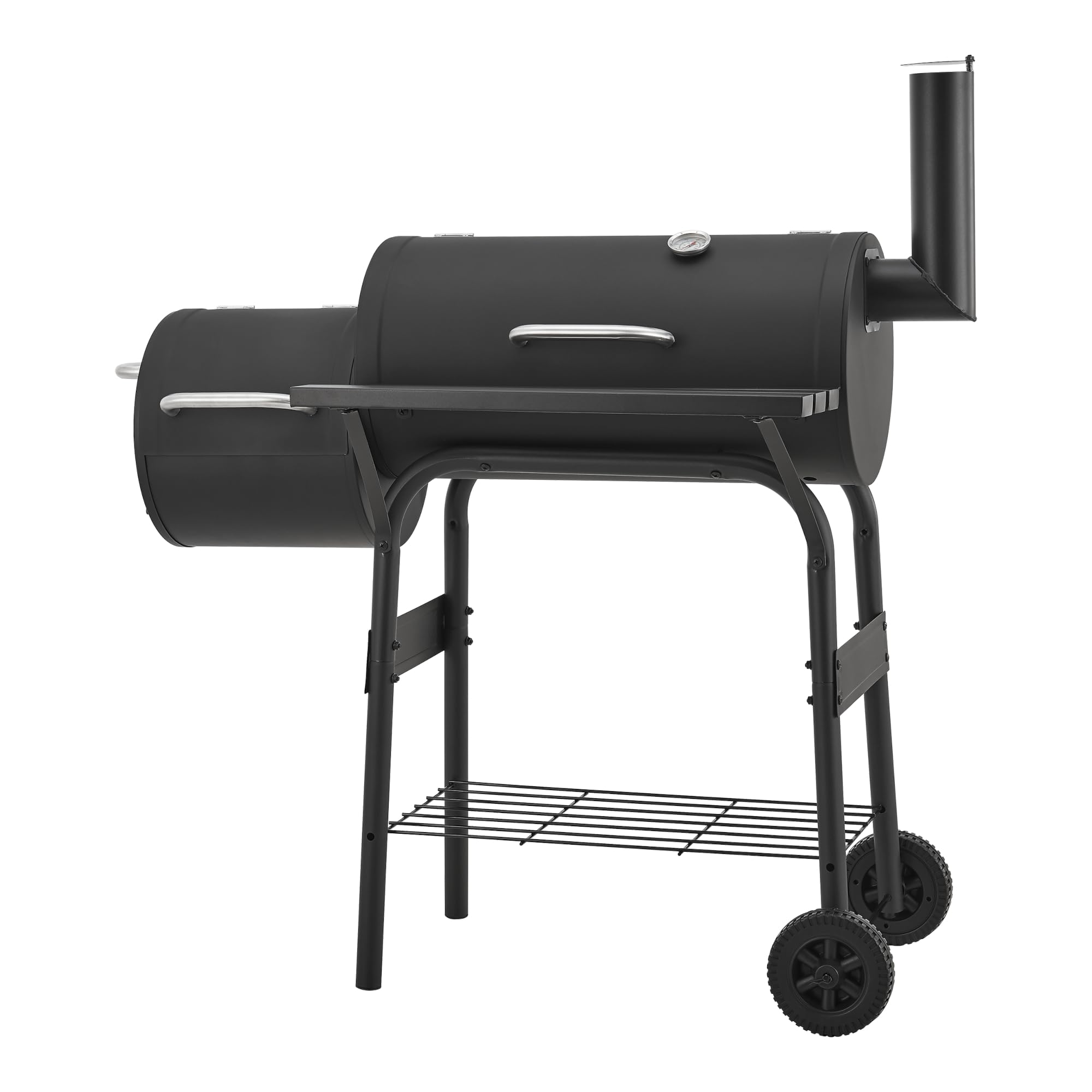 casa.pro Ahumador Barbacoa Smoker Portátil Barbacoa de Carbón con 2 Cámaras 2 Ruedas con Estantes Termómetro Salida de Aire y Chimenea Asa Acero Inoxidable 115 x 110 x 64 cm - Negro