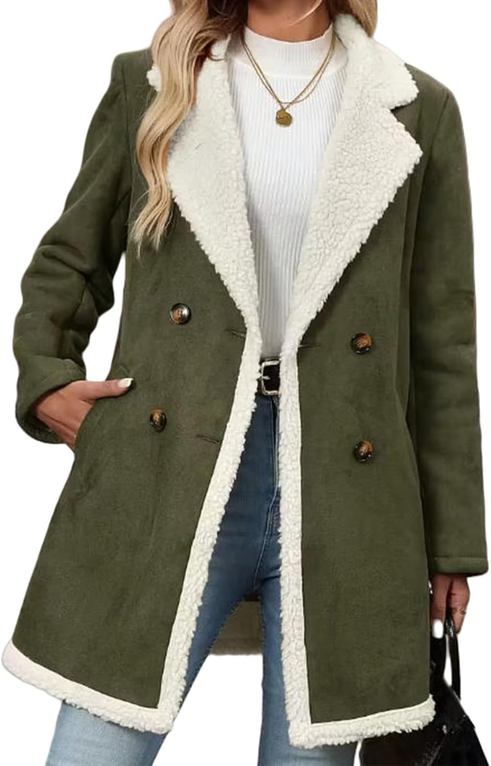 Womens Sherpa Lined Faux Suede Long Jacket Coats Notch Lapel Double Breasted Fleece Fur Leather Winter Warm Overcoat