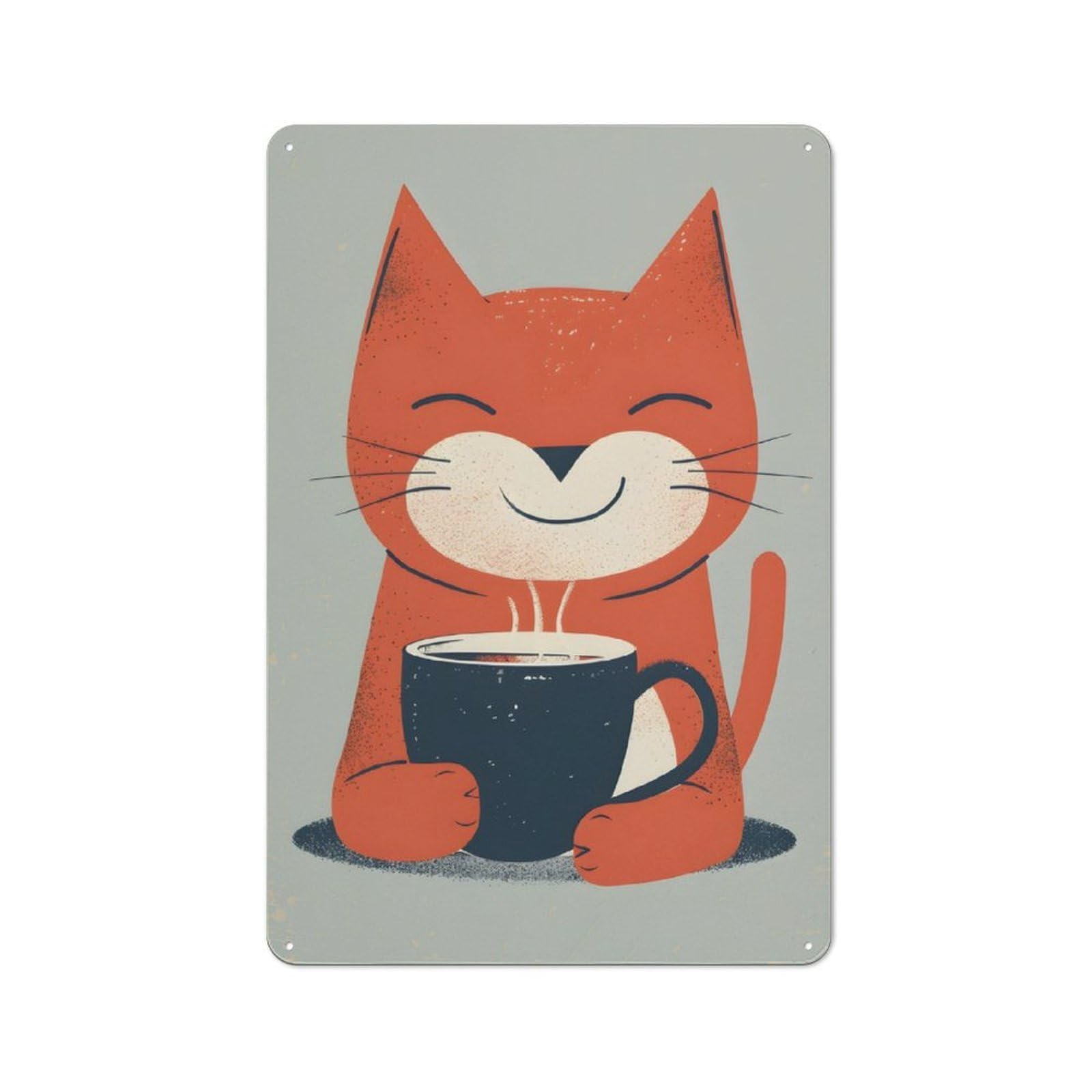 Junmoney Cat Drinking Coffee Smile Metal Wall Plaque 30X20cm, Simple Retro Office Wall Decor For Office, Study, Studio Or Hallway
