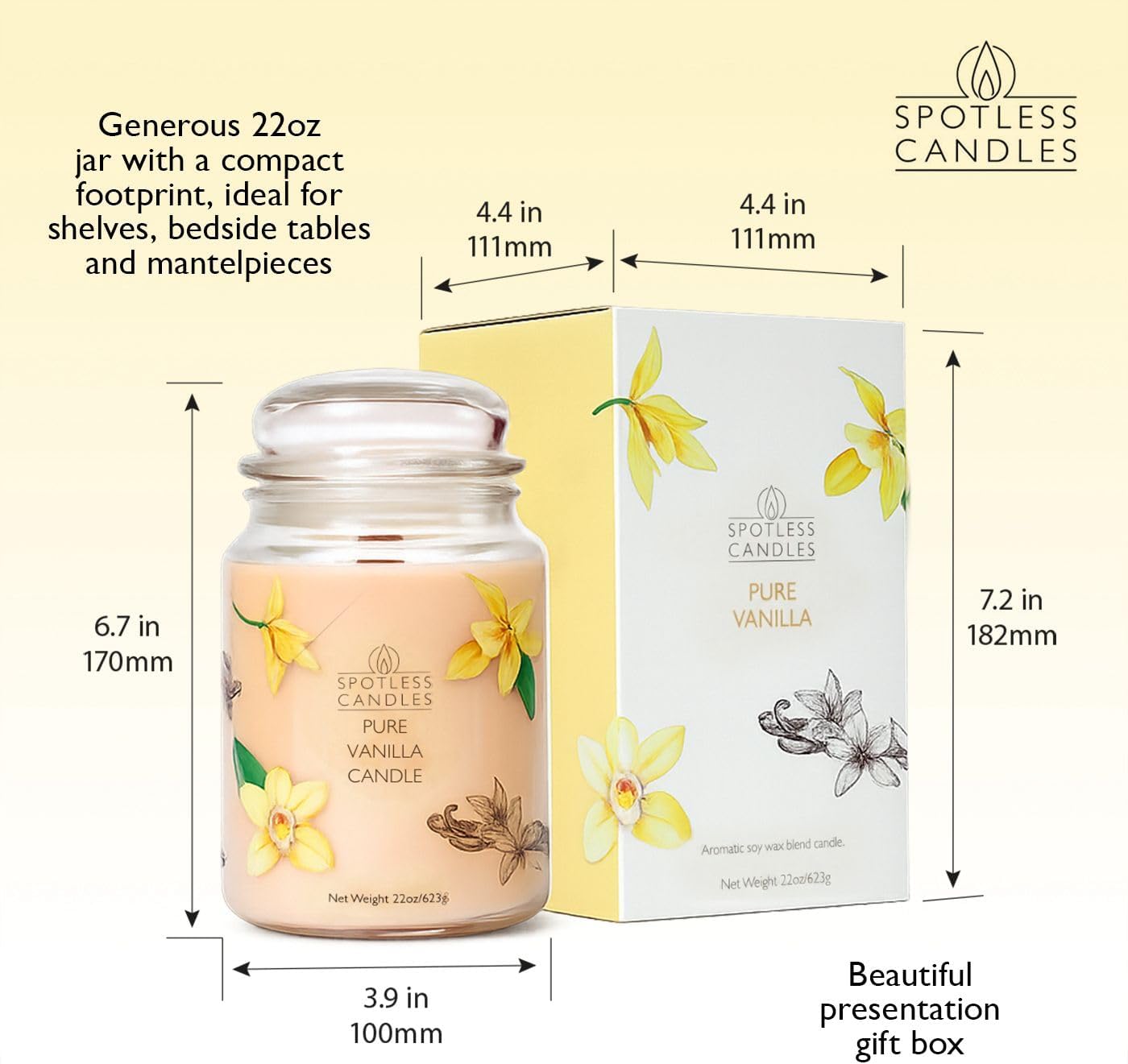 Pure Vanilla Scented Candle 22oz – 80-85 Hour Burn Time, Wooden Wick, Large Glass Jar with Lid, Warm Cozy Fragrance for Home Relaxation & Gift by Spotless Leopard