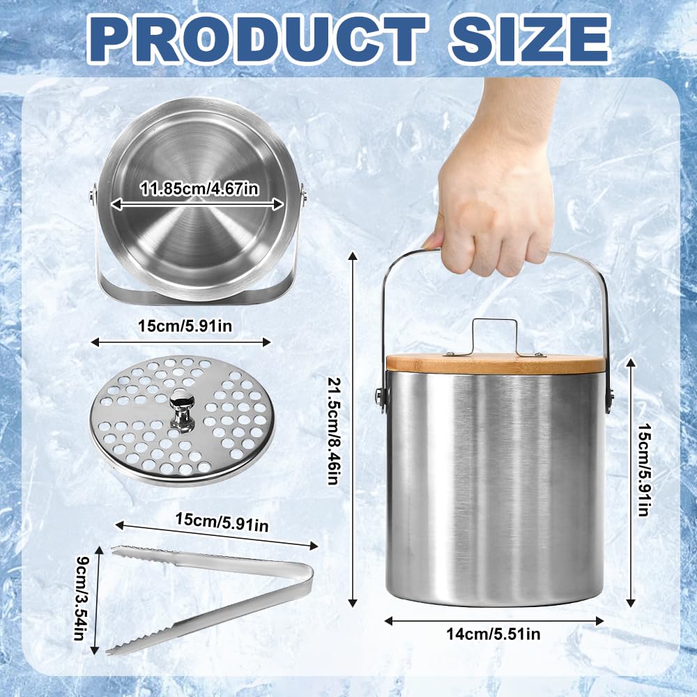 Secchiello Ghiaccio in Acciaio Inox 1,3L Secchiello per Champagne a Doppia Parete Portaghiaccio con Coperchio Pinze e Filtro Contenitore del Cubetto di Ghiaccio per Cocktail Bar e Feste