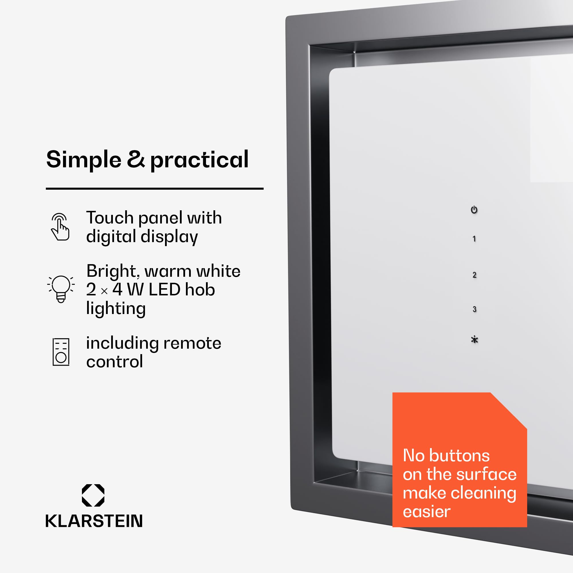 Klarstein Okap kuchenny, Okap wyciągowy z aluminiowym filtrem do zmywarki, Cichy wyciągowy, Przepływ 436 m³/h, Wydajne okapy ścienne z diodami LED i panelem dotykowym
