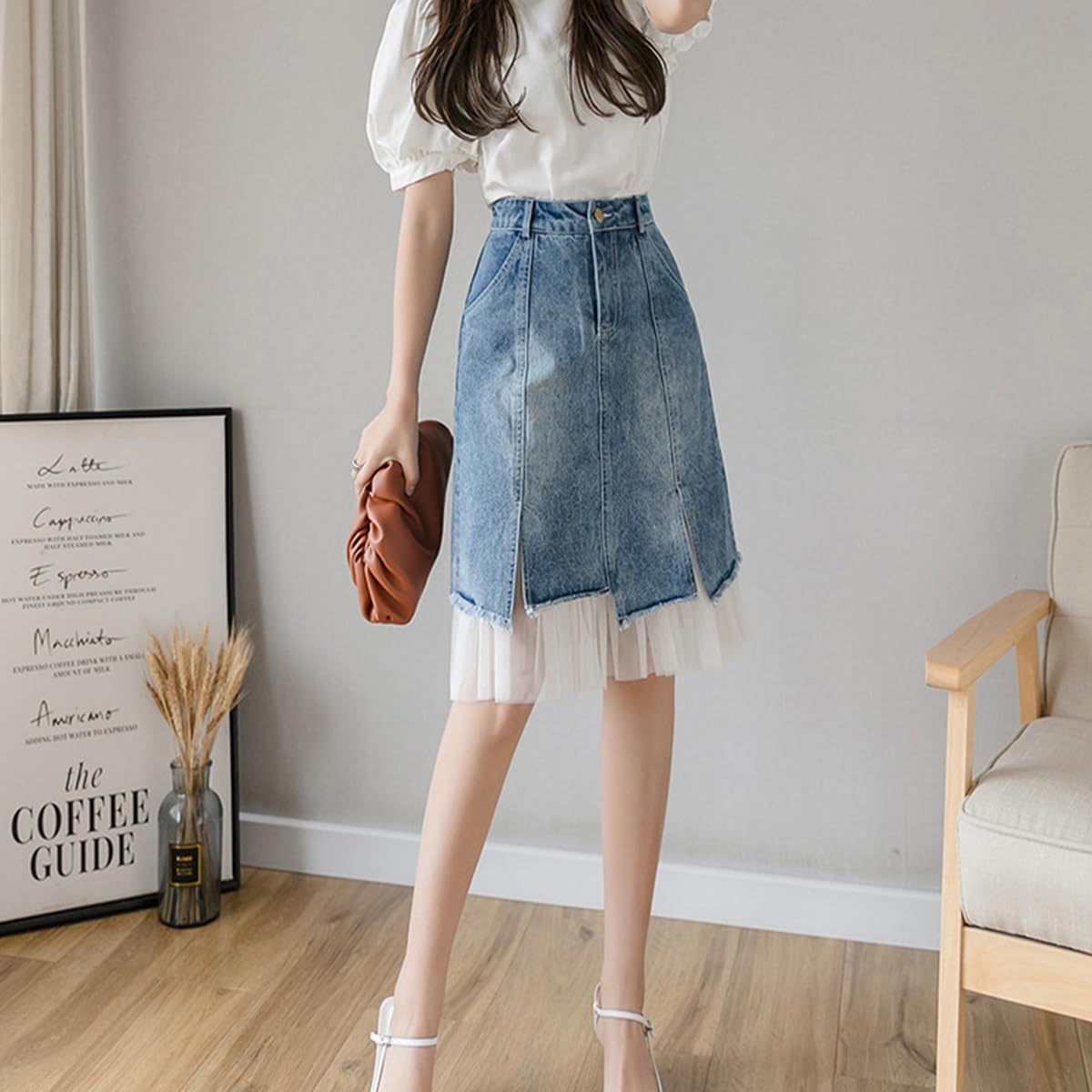 Women's High Waist Vintage Denim Skirt A-Line Lace Double Layer Splicing Y2K Casual Fashion Jean Midi Skirt - Image 5