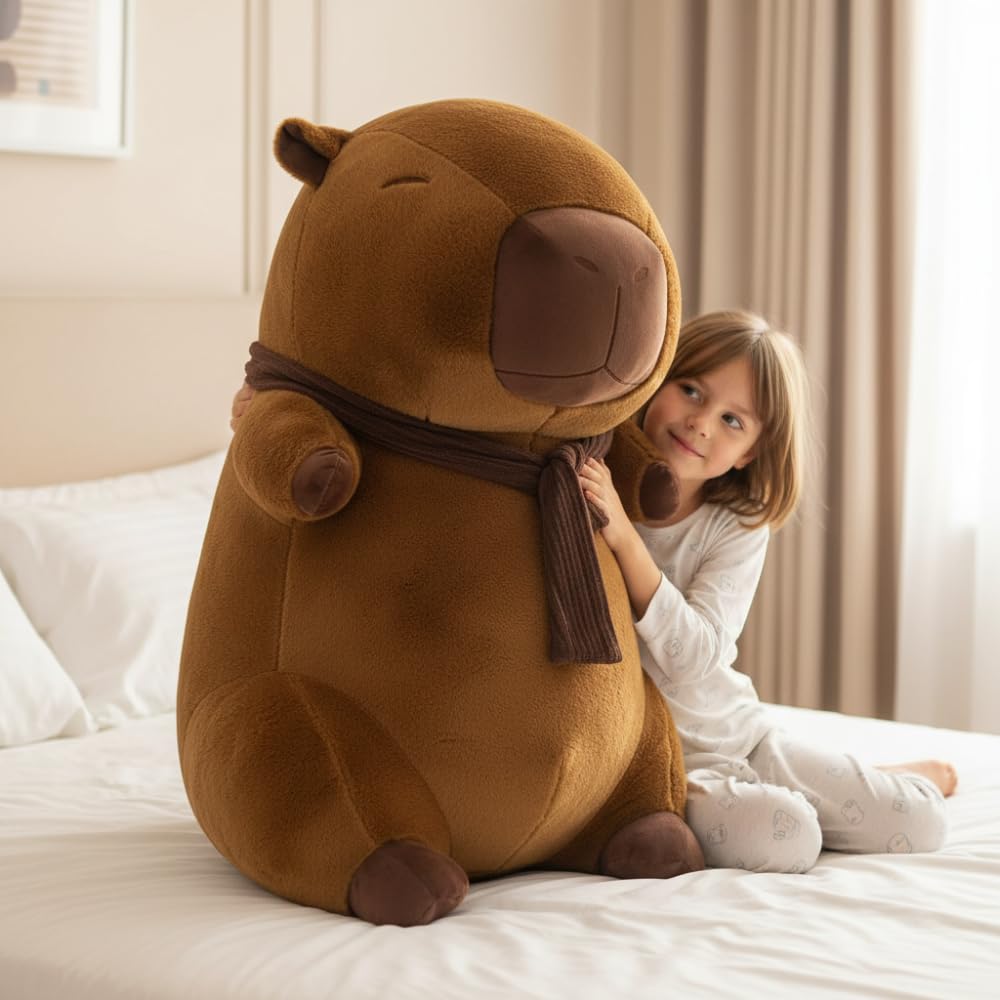 Capybara Peluche XXL 100 cm – Gran Peluche Suave Kapibara 3 en 1 cojín y decoración – Gigante para niños y Adultos (Capybara con Bufanda)