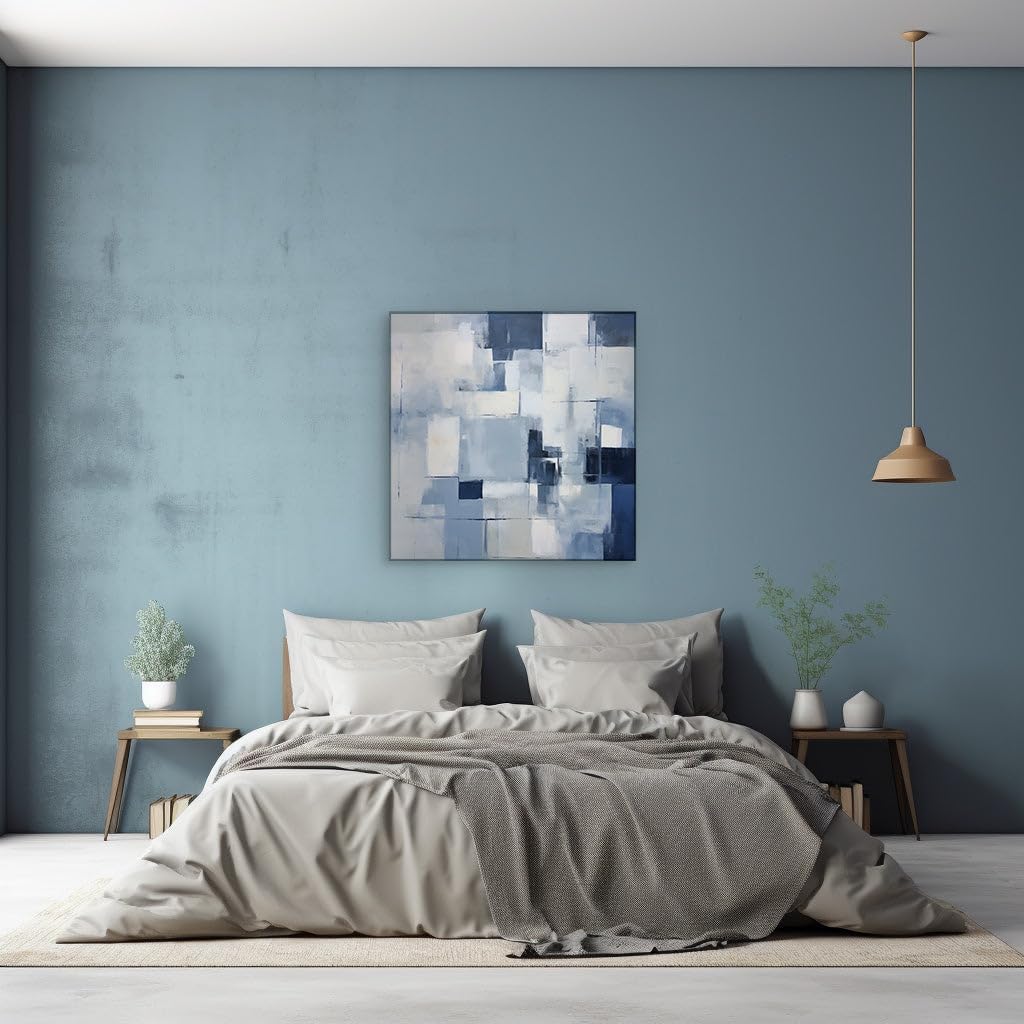 Canvas for Living room. Harmony in Chaos: A Dance of Blue Hues Amidst Abstract Shapes, 27 x 18 inch Canvas Wall Art - Ready to Hang