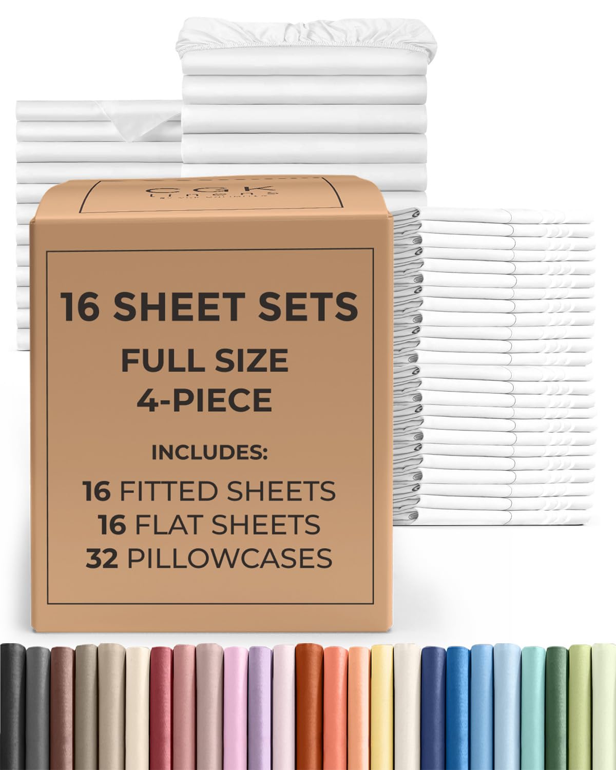 bulk case pack of 16 sheet sets - (16) complete sheet sets - bulk full bedding - wholesale case pack for hotels, spa & airbnbs - deep pocket, fade & wrinkle free - cooling & breathable - full, white