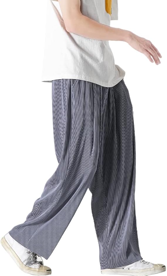 Amazon Yimanie ワイドパンツ メンズ 袴パンツ プリーツパンツ ビッグシルエット ゆるゆる ゴム 紐 無地 ストライプ 柄 ズボン 男女兼用 大きいサイズ ルームウェア 春 夏 秋 ロングパンツ 通販