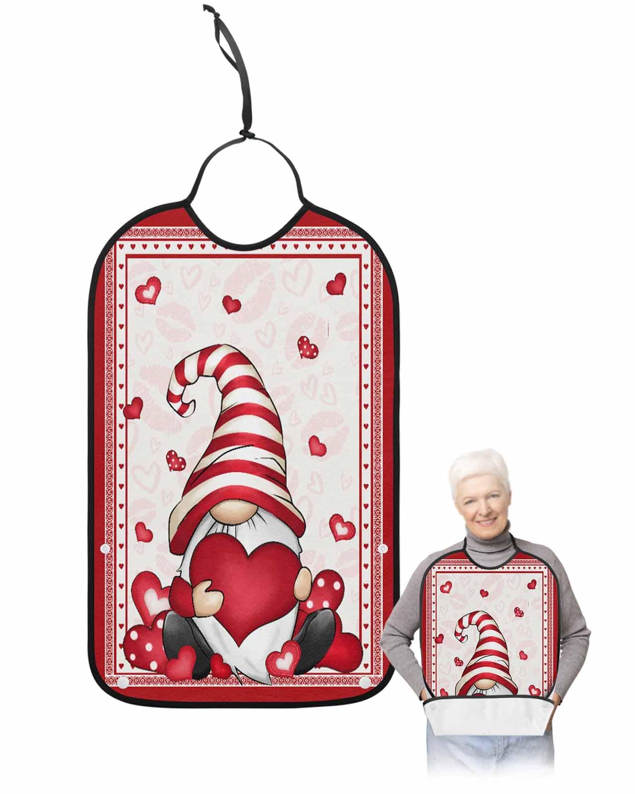 LEOKOTI Red Gnomes Valentine Adult Bibs for Eating, Waterproof Bibs with Food Catcher & Adjustable Snap Closure, Watercolor Red Love Heart Romantic Washable Clothing Protectors Adult Bibs for Elderly