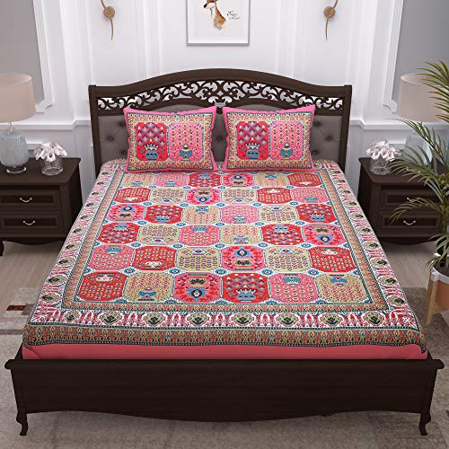 Image of Story@Home 100% Cotton Bedsheet for Double Bed with 2 Pillow Covers|90x108 Inch Floral Pink and Blue