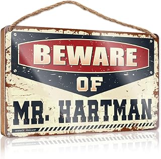 GLAMBRIO Funny Signs For Home Decor Beware Of Mr. Hartman Wooden Sign | Office Signs For Desk Funny Boys Bedroom Decor(15X28CM)