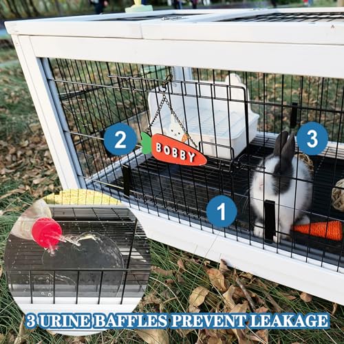 FunXplore Rabbit Hutch Indoor Outdoor Rabbit Cage Bunny Hutch with Casters, Urine Baffles Bottom Wire Floor Leakproof Tray Metal Feeder Openable Roof