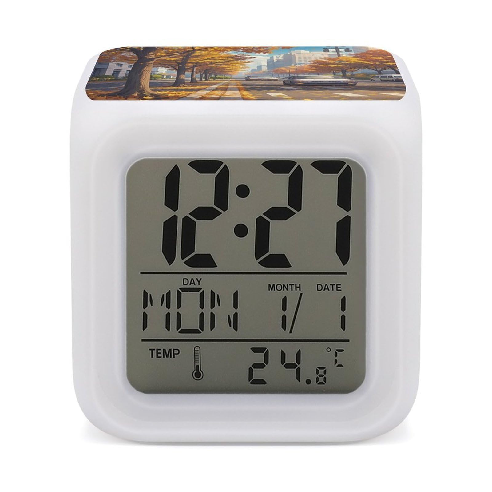 LZQPOEAS Urban Street View Alarm Clock Desk Clock with 7 Color Changing Night Light Digital Clocks with Temperature Display Sleep Training and Sound Machine for Heavy Sleeper