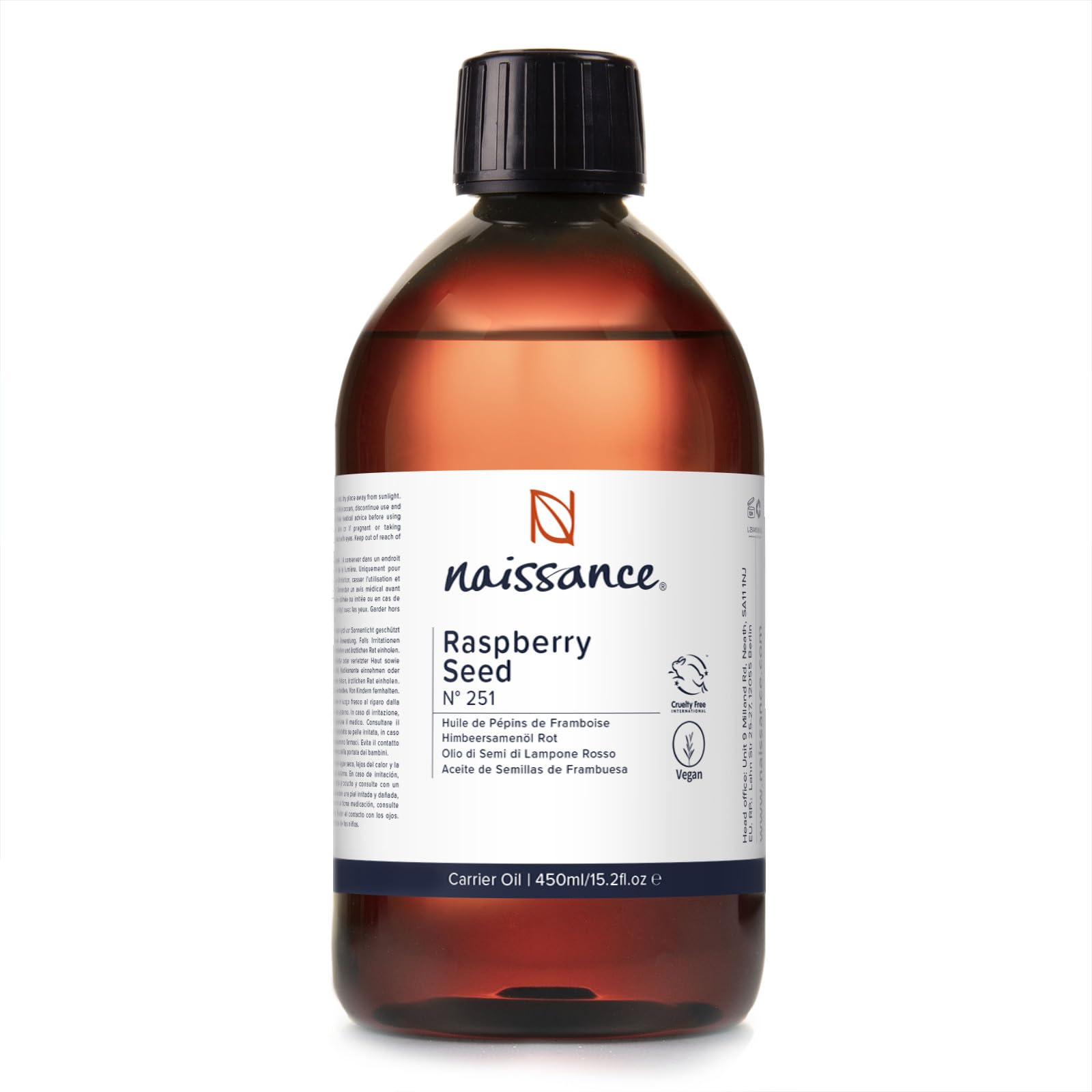 Naissance Red Raspberry Seed Oil (No. 251), 450ml, Natural, Cold Pressed, Vegan, for Aromatherapy Massage Base Oil