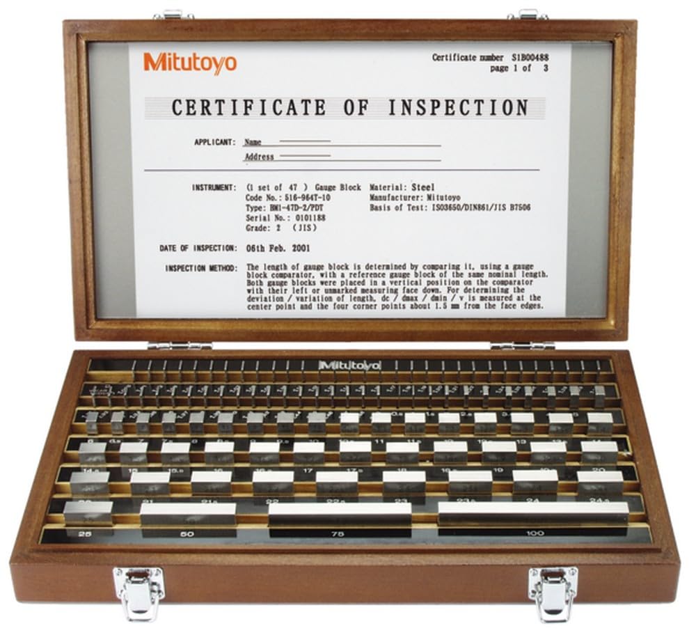 Mitutoyo Parallelendmaß-Satz, metrisch, Prüfzertifikat, ISO, 103 Endmaße, Klasse 1, Stahl | Stahl, Klasse 1, 103-teiliger Satz, Etui