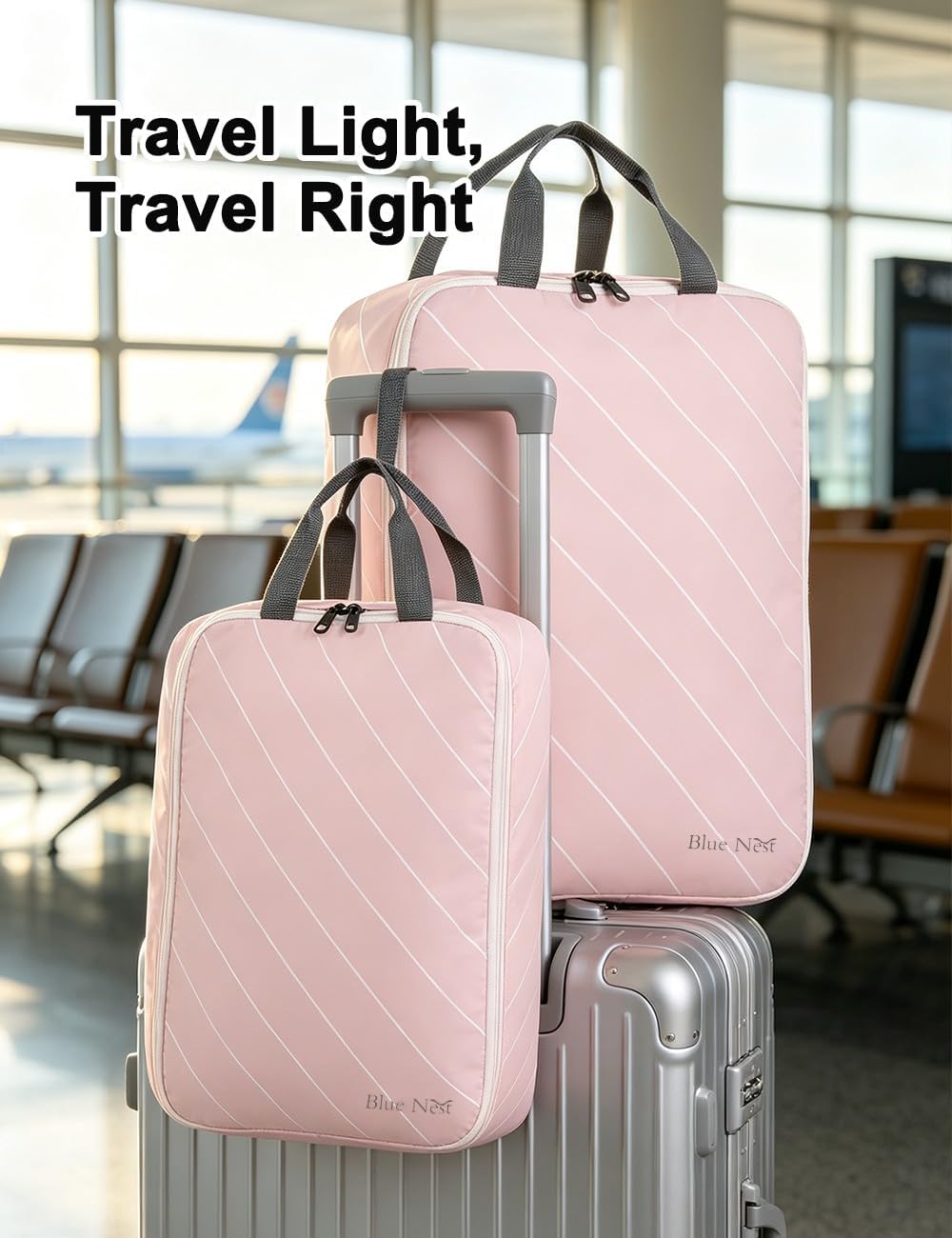 4 Set Striped Packing Cubes, Water-Repellent Travel Luggage Organizer Bags