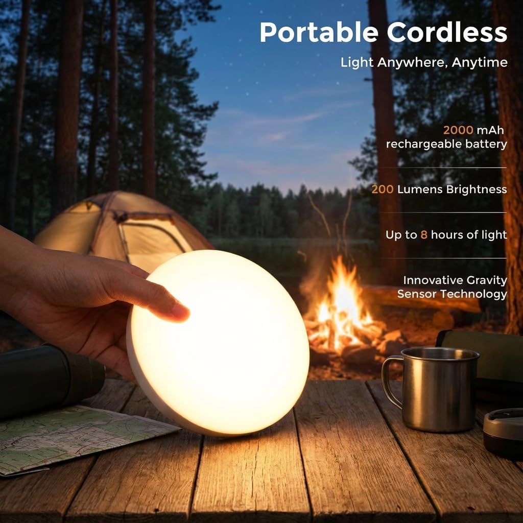 SEENSINY Gravity Sensor Cordless Table Lamp - 2700K Warm Light Rechargeable 2200mAh Battery Operated, Portable Mini Night Light for Nursery/Camping,No Button Tilt to Light, Bedroom/Outdoor/Gift