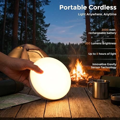 Miniatura 8 de Lámpara de mesa inalámbrica con sensor de gravedad, 2700 K, luz cálida, recargable, 2200 mAh, funciona con pilas, mini luz nocturna portátil para