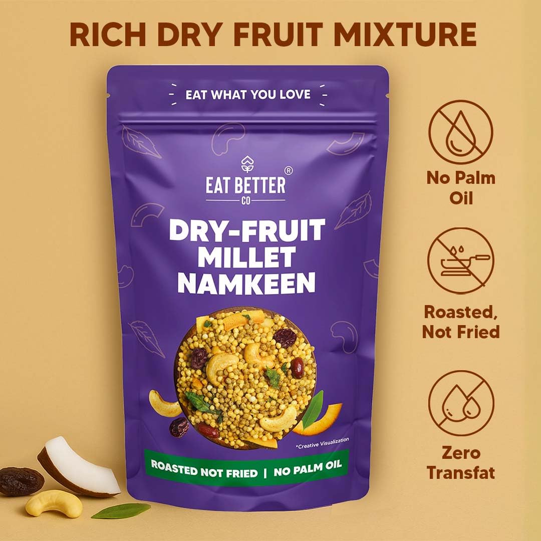Eat Better Co Dry-Fruit Millet Namkeen β Roasted, Not Fried | Healthy Snack with Cashews, Cranberries, Coconut & Millets | No Palm Oil - 90g