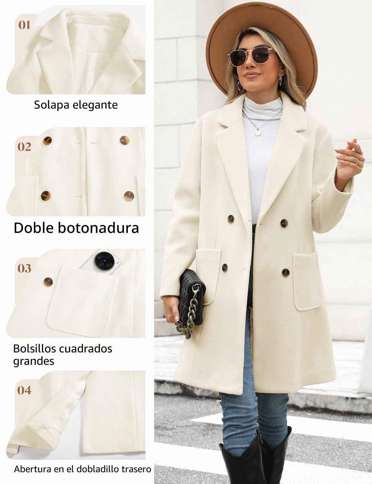 CMTOP Abrigo Mujer Lana Cuello en V Solapa Abrigos Invierno Largo Térmico Chaqueta Otoño Invierno de Lana Chaquetas Recto Doble Faz de Elegantes con Bolsillos