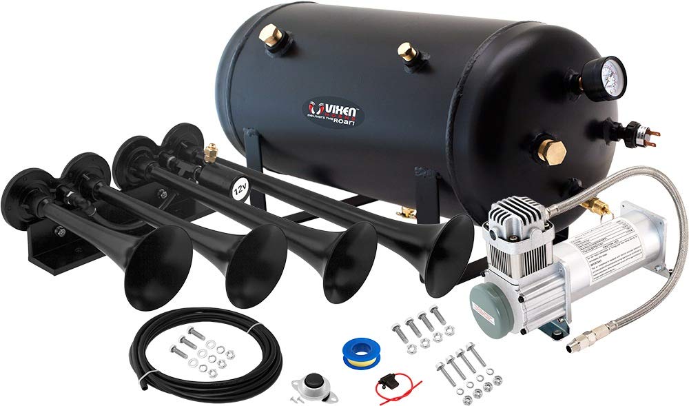 Vixen Horns Train Horn Kit for Trucks/Car/Semi. Complete Onboard System- 200psi Air Compressor, 5 Gallon Tank, 4 Trumpets. Super Loud dB. Fits Vehicles like Pickup/Jeep/RV/SUV 12v VXO8350/4124XB